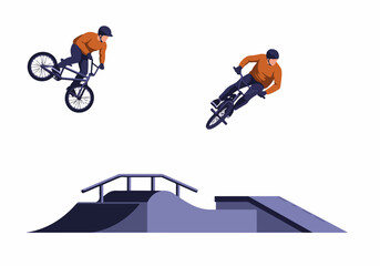 Obraz premium Two BMX riders performing dynamic airborne tricks over a ramp and rail setup, showcasing extreme sports action in a modern flat design illustration.