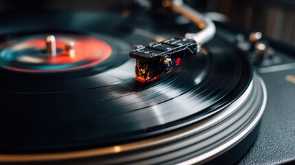 Closeup of a vinyl cutting lathe creating precise stereo audio grooves on a spinning record highlighting intricate details of the cutting needle and rotating platter.