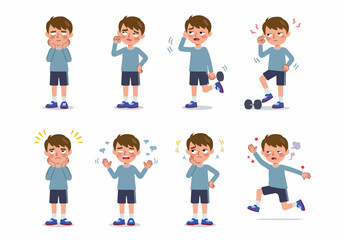 A young boy's journey from sleepy reluctance and fatigue to energetic activity and motivation, illustrating different states of alertness and effort.