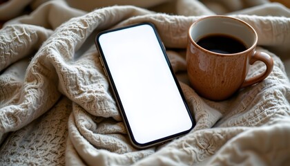 Digital serenity: A smartphone, elegantly placed beside a warm cup of coffee, offers a moment of tranquility and modern connectivity amid a cozy blanket, inviting a pause and thoughtful reflection.