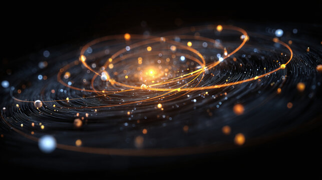 A stunning visualization of a galaxy's spiral arms and celestial bodies 