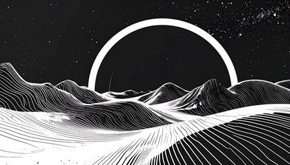 Abstract monochrome landscape with undulating lines, featuring a halo or ring against a starry, dark sky backdrop