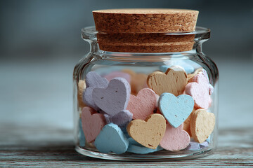 Glass jar with cork lid filled with painted wooden hearts