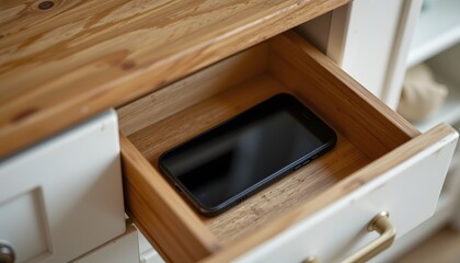 Lost Communication: A smartphone lies idle within a drawer. This image symbolizes absence, seclusion, and detachment. The image tells the story of an everyday item hidden away.