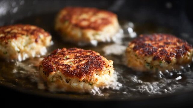 Golden-brown patties sizzling in a frying pan, showcasing a culinary preparation scene with steam rising, hinting at a cozy kitchen atmosphere
