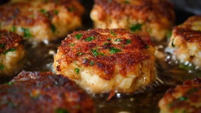 Golden-brown fish cakes sizzling in a cast-iron skillet, garnished with fresh herbs, creating a mouth-watering scene in a cozy kitchen, emphasizing the cooking process and deliciousness