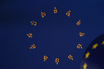 Fototapeta premium European Union Flag Symbol Created with Wheat Grains on Blue Background. Economic Well-being and Success. Minimalism. Copy Space.