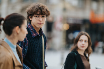 Three young people in a city street, a candid moment of friends in casual outfits with a soft, urban backdrop and a shallow depth of field.