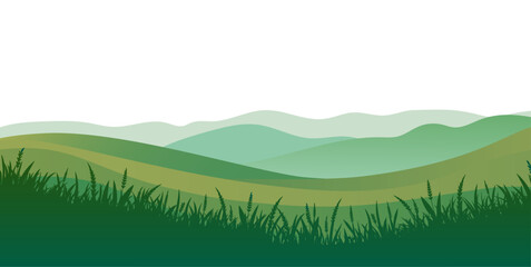 Minimal green grass silhouette landscape. Simple vector illustration with soft layered hills and clean grass shapes along the bottom edge. Flat minimalist design