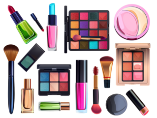 Set of decorative cosmetics for makeup artist isolated on transparent background
