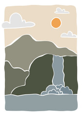 Waterfall landscape panorama hand draw illustration. river and mountains organic lines matisse style, naive art, contemporary backgrounds vector illustration