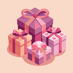 Cute pink gift boxes with ribbons, soft pastel colors, flat illustration style, shadows and highlights, clean and minimal design