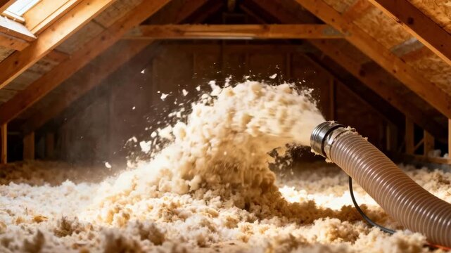 Close medium view of cellulose insulation being blown into attic space for improved thermal performance.