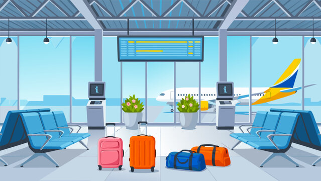 Empty airport waiting lounge with luggage and a view of an airplane on the runway through large windows.