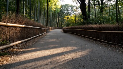 A winding asphalt path is framed by bamboo fencing, leading into a sunlit forest with tall bamboo stalks lining the sides