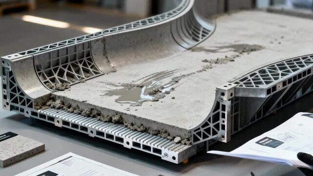 Medium shot showing variable geometry 3D printed formwork adapting curves and angles for customized architectural concrete pouring.