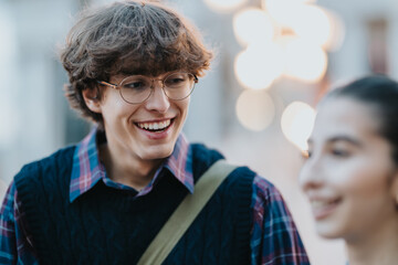Two teenage friends share a joyful moment in the city. A smiling boy with glasses and plaid shirt chats with a blurred companion, capturing urban friendship and everyday youth energy. © qunica.com