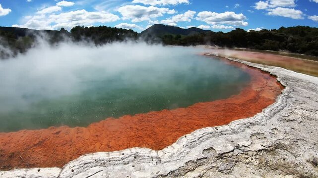 The Champagne Pool - the most colourful geothermal area in Wai-O-Tapu Thermal Wonderland ("Sacred Water" in Maori language). Rotorua, New Zealand