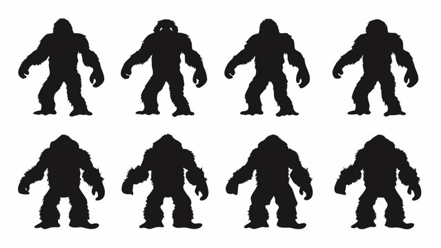 Eight black Bigfoot or Sasquatch creature silhouettes isolated on white