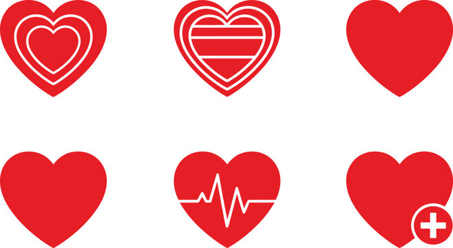 A set of six red heart icons, featuring various designs including solid fill, concentric outlines, a heartbeat EKG line, and a medical plus sign addition, symbolizing love and health.