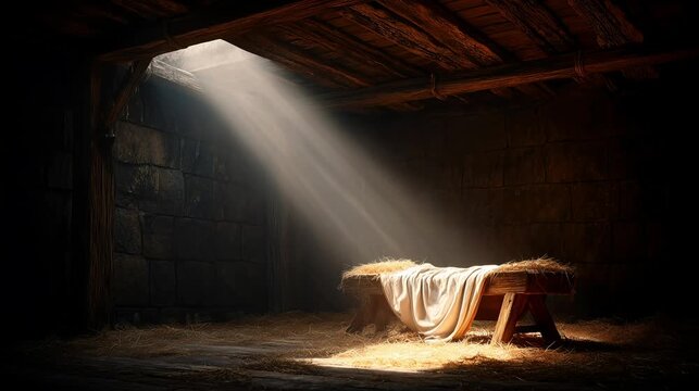 Empty Manger in Rustic Stable with Morning Light