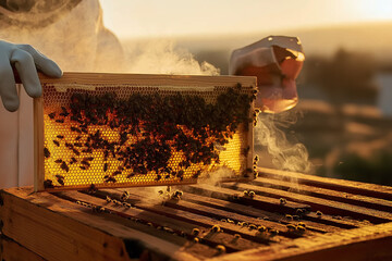 Beekeeper inspecting honeycomb frame at sunset with golden backlight