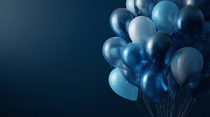 A cluster of elegant blue balloons against a dark background, evoking a sense of celebration. The balloons come in a variety of shades