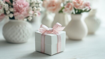 A white gift box tied with a light pink ribbon sits before floral vases