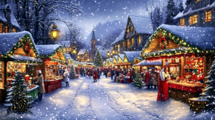 Obraz premium blured backgraund, bustling christmas market scene with snow-covered stalls, colorful lights, and people in festive attire,