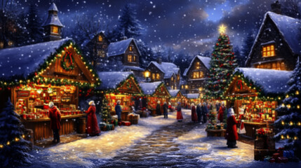 Fototapeta premium blured backgraund, bustling christmas market scene with snow-covered stalls, colorful lights, and people in festive attire,