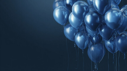 An array of blue balloons clustered together, creating a celebratory atmosphere. They float against a dark backdrop, creating a vibrant contrast