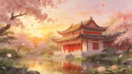 A serene painting of a Chinese temple surrounded by vibrant water lilies in a tranquil setting