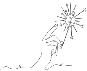 Festive Sparkler One Line Illustration - New Year & Celebration Sketch - hand, sparkler, one line drawing, continuous line, minimalist, vector, illustration, sketch, celebration, firework, art, new ye