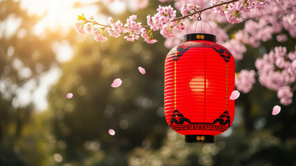 Cherry blossoms and glowing lantern. Scene for Showa Day.
