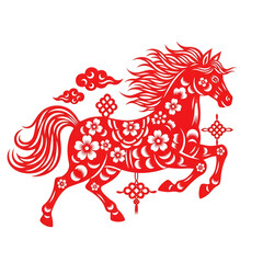 Vibrant red paper cut horse with floral patterns symbolizes luck and prosperity