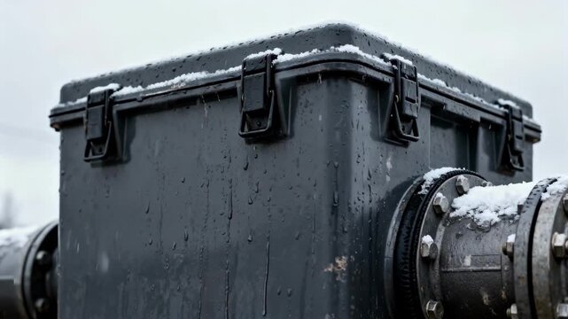 Close medium shot of rugged valve box with waterproof construction designed to withstand heavy rain and snow.