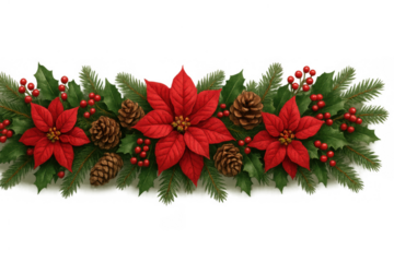 Christmas garland featuring poinsettia flowers, pine cones, holly leaves, and red berries on a transparent background