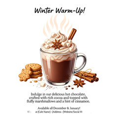Warm mug of hot chocolate with whipped cream, marshmallows, cinnamon sticks, and cookies