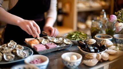 Medium shot of a home kitchen scene where a person artfully prepares a personalized seafood platter with diverse shellfish and dipping sauces.