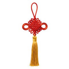 Vibrant red Chinese knot ornament with golden tassel symbolizing luck and prosperity