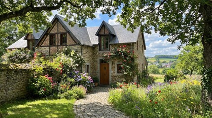 A rustic stone house set in a garden bursting with various flowers
