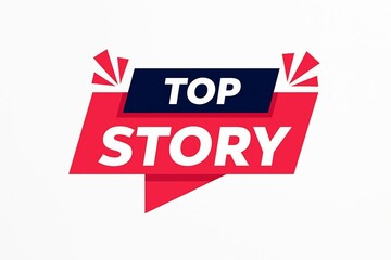 Bold red and white speech bubble graphic with dark blue banner announcing top story in white sans serif font