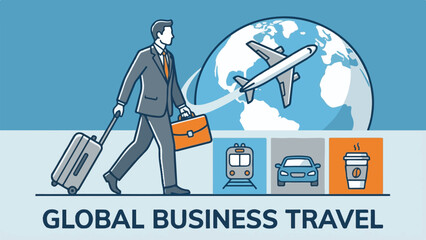 Global Business Travel illustration with businessman and various transport options