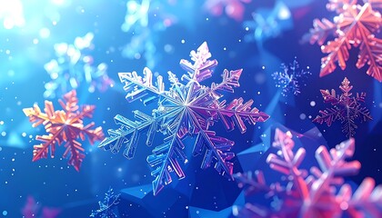 Abstract snowflakes with icy blue, pink, and orange coloring, floating in a geometric space, with light effects
