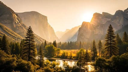Yosemite Valley at golden hour with mountains and trees reflecting  