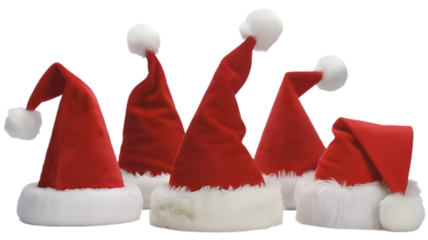 Festive Santa Hats: Five vibrant red Santa hats with white trim and fluffy pom-poms create a joyful, seasonal display, evoking the spirit of holiday cheer and celebration.