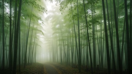 Fototapeta premium Bamboo forest pathway shrouded in soft fog during morning light 