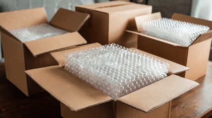 Protective ecommerce packaging with bubble wrap and foam inserts securing fragile items inside sturdy shipping boxes ensuring safe delivery for online orders.