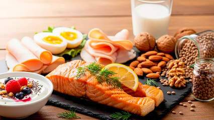 A set of natural healthy organic products with a high protein content. The concept of healthy dietary nutrition. Weight loss