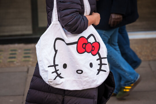 LONDON, UK.  16th  February 2025. Hello Kitty logo on shopping bag. Kitty White is a fictional character created by Yuko Shimizu, designed by Yuko Yamaguchi, and owned by the Japanese company Sanrio.